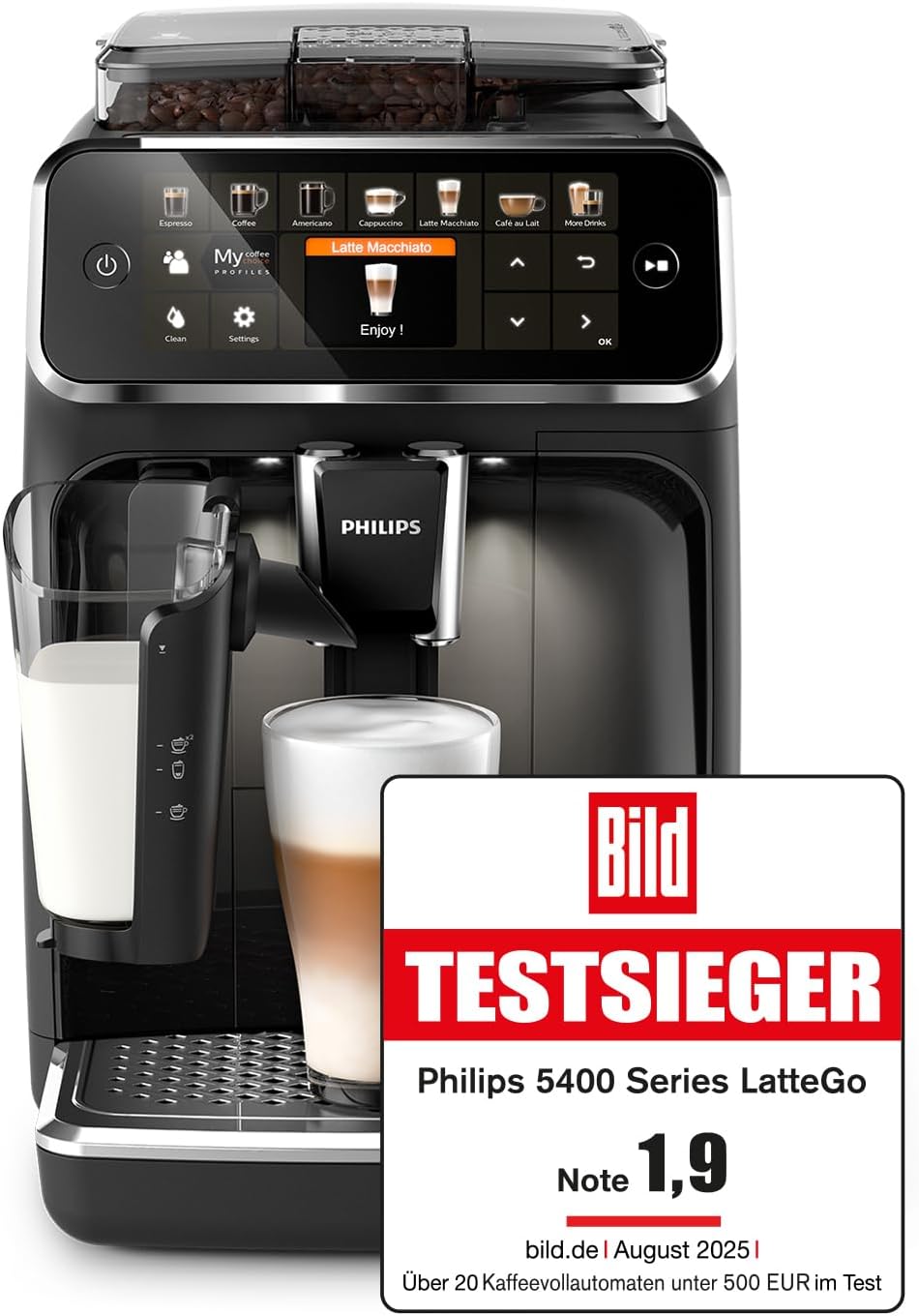 Philips Espressomaschine der Serie 5400 – Genießen Sie 12 Getränke, schnell reinigendes LatteGo, intuitives TFT-Display, anpassbare Kaffeeeinstellungen, erstklassiges Küchendesign (EP5441/50)